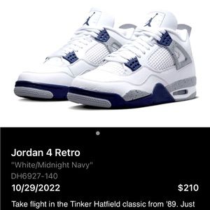 No Longer Available. Sold. Jordan Retro 4 White/Midnight Blue GS size 4